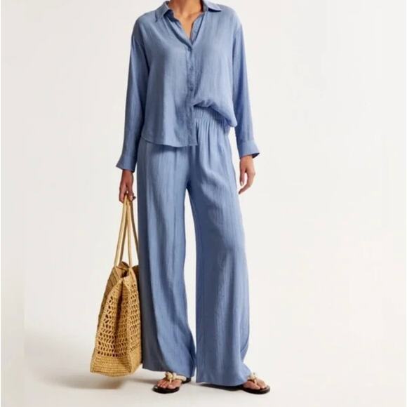 Abercrombie & Fitch Pants - ABERCROMBIE & FITCH Crinkle Textured Wide Leg Pants Blue Coastal {EE24}
